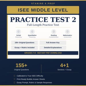 ISEE 2026-2027 Middle Level Practice Test 2 | Full Test | Answer Key | Essay | Grades 7-8 | PDF Download