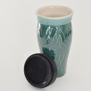 IN STOCK, Coffee Lover Gift, Ceramic Coffee Travel Mug, Green Large Travel Mug with Raised Design, 24 oz Stoneware Mug, Commuter Mug