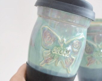 IN STOCK, Mothers Day Butterfly Ceramic Coffee Travel Mug with Lid, Butterfly Clay To Go Mug with Silicone Lid, Gift for Mom, Stamped Mom