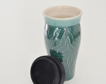 IN STOCK, Coffee Lover Gift, Ceramic Coffee Travel Mug, Green Large Travel Mug with Raised Design, 24 oz Stoneware Mug, Commuter Mug