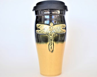 IN STOCK, Dragonfly Large Pottery Travel Mug with Sippy Lid, Black Yellow Glazed Stoneware Ceramic To Go Mug, 24oz Commuter Mug, Coffee Gift