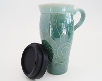 IN STOCK, Ceramic Travel Mug with Handle, Green w/Sprial Design,Pottery Mug w/ Silicone Lid, Handmade Stoneware Coffee Mug, Large To Go Mug