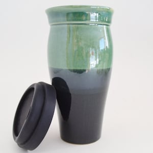 IN STOCK,Ceramic Travel Mug Black Green with Silicone Lid and Sleeve, Handmade Pottery To Go Mug, 24 oz Stoneware Mug, Reuseable Mug