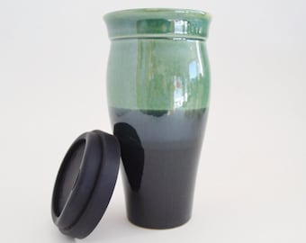 IN STOCK,Ceramic Travel Mug Black Green with Silicone Lid and Sleeve, Handmade Pottery To Go Mug, 24 oz Stoneware Mug, Reuseable Mug