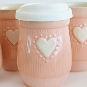 IN STOCK, Heart Pink Travel Mug with Silicone Lid, Ceramic Coffee Mug, Stoneware To Go Mug, Gift for Her, Gift for Mom