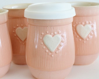 IN STOCK, Heart Pink Travel Mug with Silicone Lid, Ceramic Coffee Mug, Stoneware To Go Mug, Gift for Her, Christmas Gift for Mom
