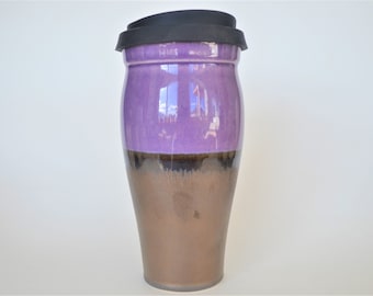 IN STOCK, Large Bronze and Purple Pottery Travel Mug with Lid and Sleeve, Stoneware To go Cup, Bronze 8th 9th 19th Anniversary