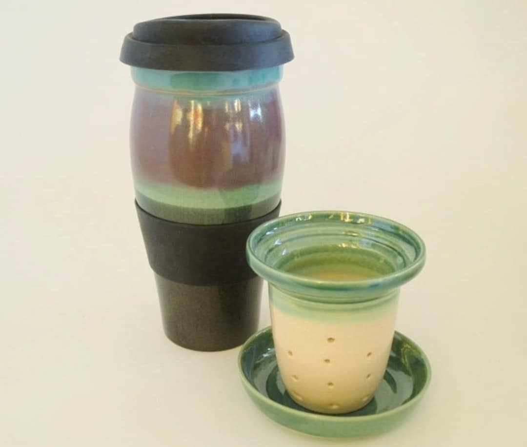IN STOCK, Ceramic Travel Tea Mug With Lid and Infuser, Black Green Burgundy to Go Mug, Tea