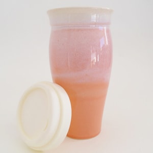 In Stock, Stoneware Pottery Travel Mug with Silicone Lid and Sleeve, Big Pink Ceramic To Go Mug, Gift for Her, Mother&#39;s Day Gift