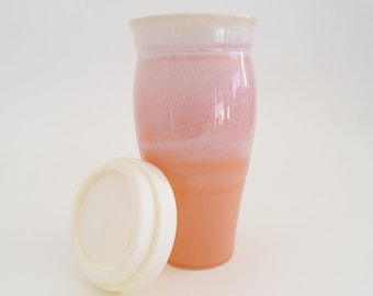 In Stock, Stoneware Pottery Travel Mug with Silicone Lid and Sleeve, Big Pink Ceramic To Go Mug, Gift for Her, Valentine's Day Gift
