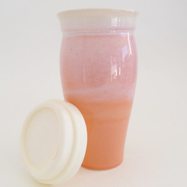 In Stock, Stoneware Pottery Travel Mug with Silicone Lid and Sleeve, Big Pink Ceramic To Go Mug, Gift for Her, Valentine's Day Gift