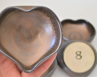 IN STOCK, Handmade Heart Dish, Small Bronze Pottery Heart Bowl with 8, 9 or 19 Stamped,8th 9th 19th Anniversary Gift, Clay Ring Dish