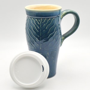 Handmade Teal Stoneware Travel Mug: Large Ceramic Coffee Cup with Lid