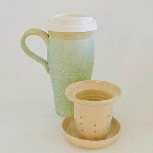 IN STOCK Pink Ceramic Travel Mug With Lid and Tea Infuser Etsy