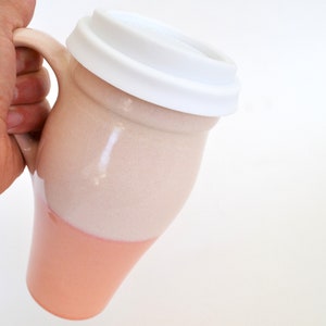 Handmade Ceramic Pink Travel Mug with Handle and Lid , 16 oz Clay Commuter Mug, Stoneware Pottery Mug, Silicone Sippy Lid, Mother's Day Gift