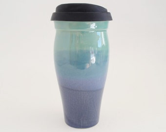 In Stock, Stoneware Travel Mug Blue Green with Silicone Lid and Sleeve, To Go Coffee Mug, 24 oz Eco Commuter Mug, Reuseable Coffee Mug