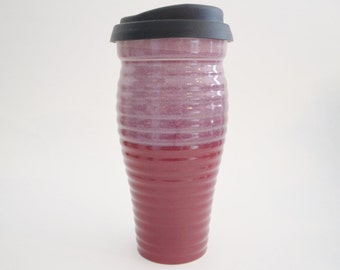 Handmade Stoneware Burgundy Travel Mug: Large 24 oz Coffee Mug with Silicone Lid