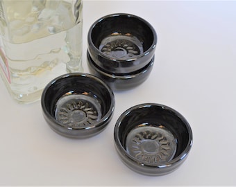 IN STOCK, 4 copitas for Mezcal, Shot Glass Set of 4, Black Sun Stamped Mezcal Glasses, Handmade Pottery Copitas de Mezcal, New Years Gift