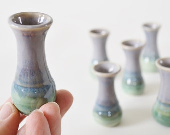 Miniature Vase, Green Lavender Grey Hand-Thrown Tiny Pottery, Single Small Pot, 2 1/4" tall, Mommy Pot, Mothers Day Bud Vase