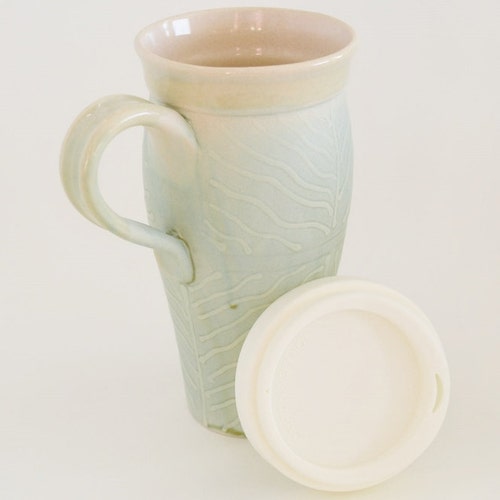Blue Green Ceramic Travel Mug Handle 24 Oz Stoneware Coffee Etsy