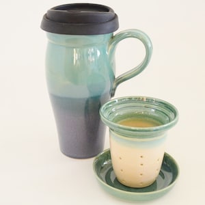Large Ceramic Travel Mug with Handle and Tea Infuser, Stoneware Loose Tea To Go Mug, Blue Green Mug with Silicone Sippy Lid, In Stock