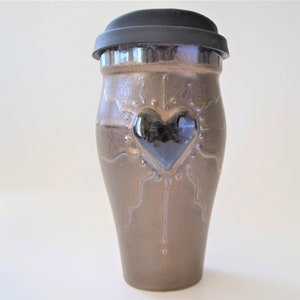 IN STOCK, 16 oz. Bronze Pottery Heart Travel Mug with Lid and Sleeve, Ceramic Travel Mug w/ Heart, Pottery 8th 9th 19th Anniversary Gift