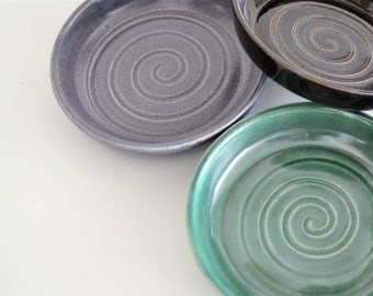 Ceramic Snack Dish, Spiral Design, Handmade Pottery Tapa Dish, Little Serving Plate, Hors d'oeuvre Dish, In Stock