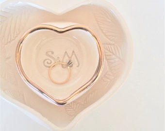 Valentine's Day Gift, Personalized Nesting Heart Ring Dish Set, Bridal Wedding Gift, White and Gold Pottery, Anniversary Heart w/ Initials