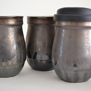 Bronze Black Ceramic Travel Small Mug with Silicone Lid, Handmade Stoneware To Go Coffee Mug,Bronze Pottery 8th, 9th, 19th Anniversary Gift
