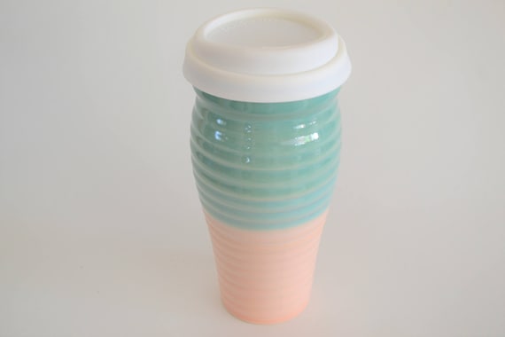 IN STOCK, Green Pink Ribbed Ceramic Travel Mug With Silicone Lid