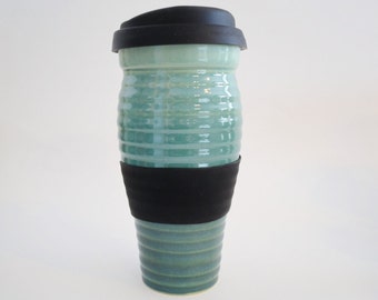 IN STOCK, Green Ceramic Travel Mug, Stoneware Travel Mug with Silicone Lid and Sleeve, Large To Go Coffee Mug, 24 oz Eco Mug