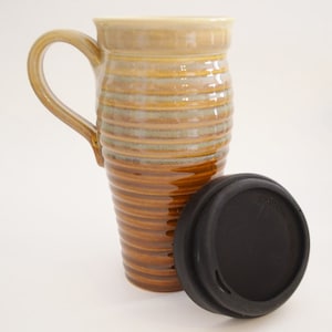 IN STOCK, Stoneware Coffee Travel Mug with Handle and Silicone Lid, Large Ceramic To Go Coffee Mug, Brown Eco Mug, Commuter Mug with Handle