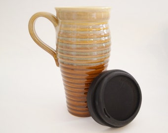 IN STOCK, Stoneware Coffee Travel Mug with Handle and Silicone Lid, Large Ceramic To Go Coffee Mug, Brown Eco Mug, Commuter Mug with Handle