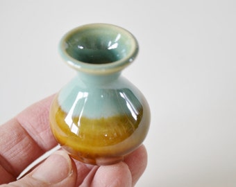 Brown Green Miniature Vase, Hand-Thrown Miniature Pottery, Single Little Ceramic Pot, 1 1/2" tall, Handmade in Colorado