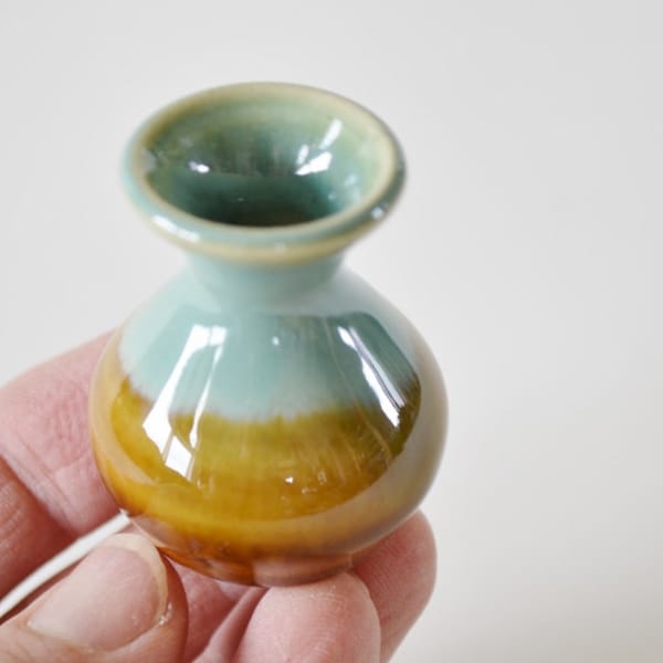 Brown Green Miniature Vase, Hand-Thrown Miniature Pottery, Single Little Ceramic Pot, 1 1/2" tall, Handmade in Colorado