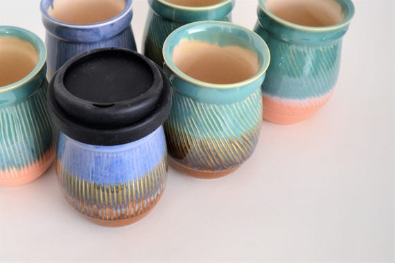 In Stock, Small Blue Brown Ceramic Travel Mug With Silicone Lid, 14 Oz  Stoneware Coffee Mug, Blue Brown Eco Mug, Handmade Clay Travel Mug 