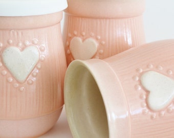 Valentine's Day Coffee Travel Mug, Small Ceramic Travel Mug with Silicone Lid, To Go Coffee Mug, 14 oz Pink Mug with Heart, Gift for Her
