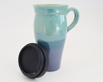 Blue Green Glazed Ceramic Travel Mug: 24 oz Stoneware Coffee Mug with Lid