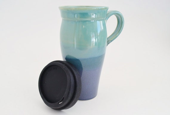Blue Green Glazed Ceramic Travel Mug: 24 Oz Stoneware Coffee Mug With Lid -  Etsy Israel
