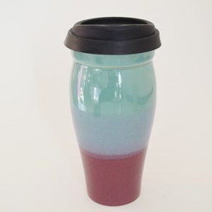 In Stock, Handmade Ceramic Coffee Travel Mug, Large Travel Mug Green Burgundy, 24 oz Stoneware Mug, Commuter Mug, Reuseable Coffee Cup
