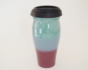 In Stock, Handmade Ceramic Coffee Travel Mug, Large Travel Mug Green Burgundy, 24 oz Stoneware Mug, Commuter Mug, Reuseable Coffee Cup