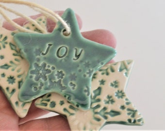 IN STOCK, Set of 3 Ceramic Star Christmas Ornaments, Stamped Clay Holiday Decoration, Peace Love Joy Gift Tags, Handmade Holiday Pottery