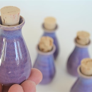 May include: Small, purple ceramic bottles with cork stoppers. The bottles have a rounded shape and a glossy finish, with a gradient of blue at the top. Several bottles are in focus, suggesting a set or collection.
