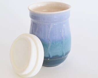 IN STOCK, Small Blue Teal Ceramic Travel Mug with Silicone Lid, Stoneware To Go Coffee Mug, 14oz Commuter Mug, Handmade Pottery Eco Mug