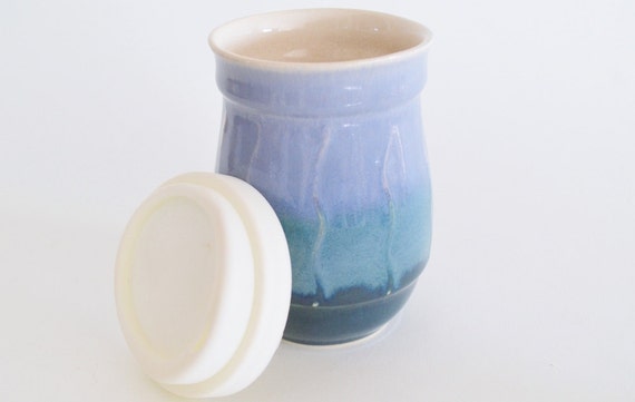In Stock Small Blue Teal Ceramic Travel Mug With Silicone Etsy