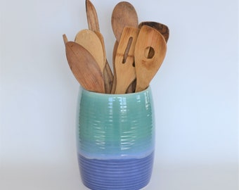 Blue Green Utensil Holder, Large Flower Stoneware Vase, Handmade Pottery Jar, Cooking Spoon Organizer, Wine Chiller, Handcrafted in USA
