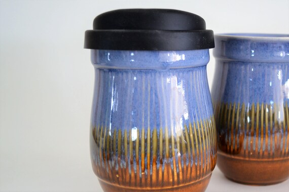In Stock, Small Blue Brown Ceramic Travel Mug With Silicone Lid, 14 Oz  Stoneware Coffee Mug, Blue Brown Eco Mug, Handmade Clay Travel Mug 