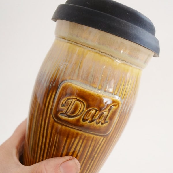 In Stock, Ceramic Coffee Travel Mug w/ Silicone Lid, Brown Dad Coffee To Go Mug, 24 oz Stoneware Mug, Father Christmas Gift, Personalized