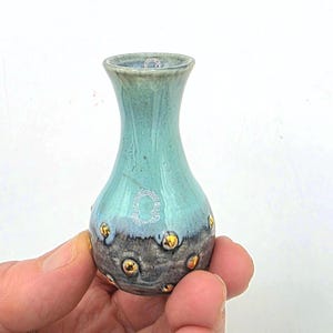 Hand-Thrown Miniature Pottery Vase: Blue Green with Raised 22K Gold Dots, Single Ceramic Bud Vase (2.5" Tall), November Mini of the Month