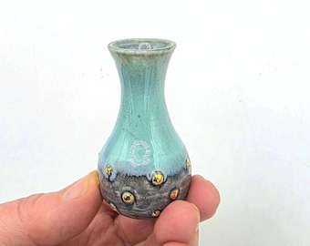 Hand-Thrown Miniature Pottery Vase: Blue Green with Raised 22K Gold Dots, Single Ceramic Bud Vase (2.5" Tall), November Mini of the Month